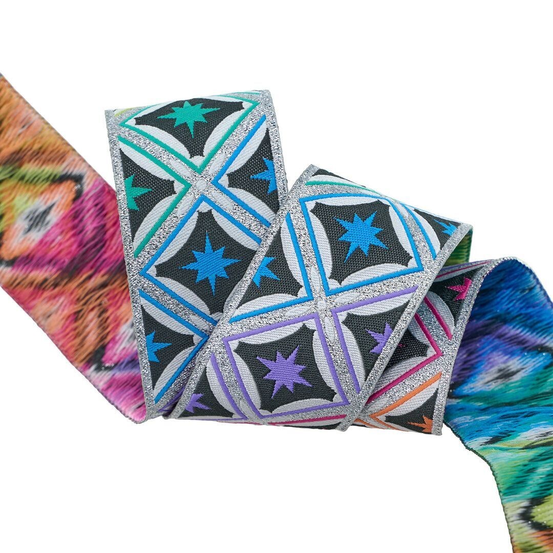 Tula Pink Roar Stargazer Storm Ribbon 1.5 inch wide with silver