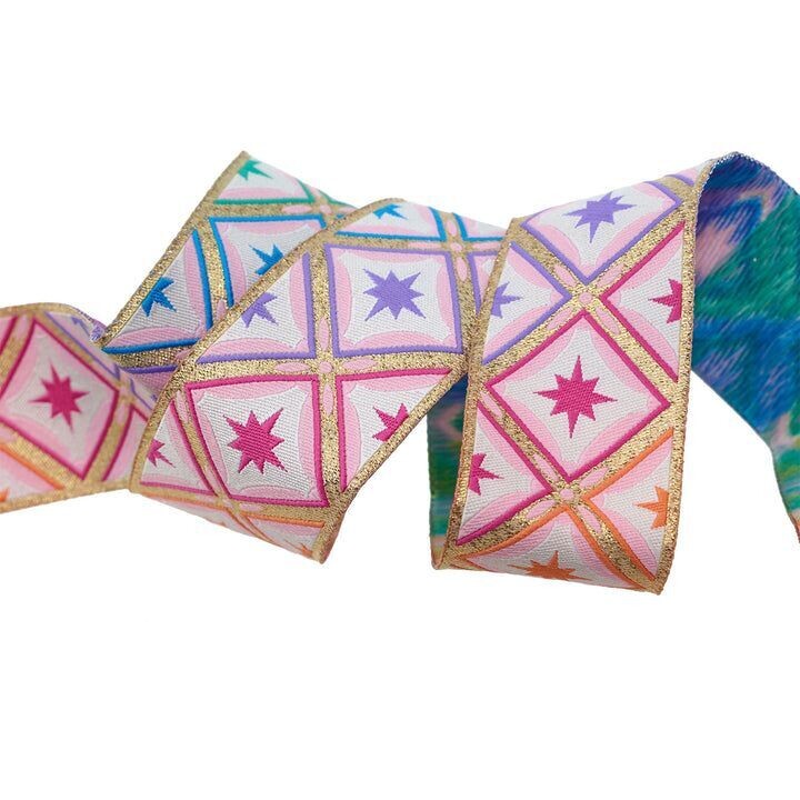 Tula Pink Roar Stargazer Mint Ribbon 1.5 inch wide with gold.