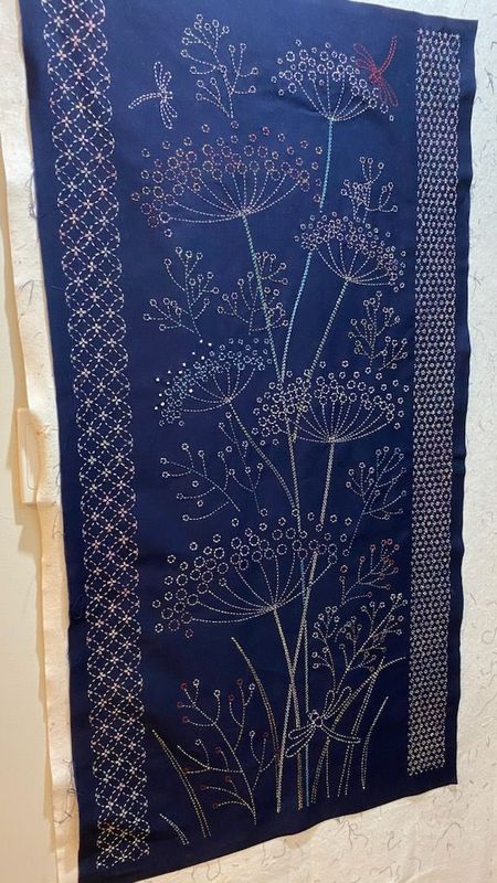 Sashiko Panel HM-51 Dandelions and Dragonflies with Borders Indigo
