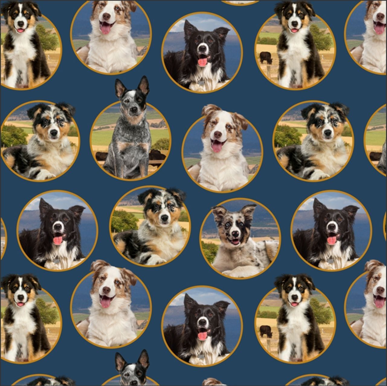 Merino Muster II 3094L Medallion Dogs on Blue