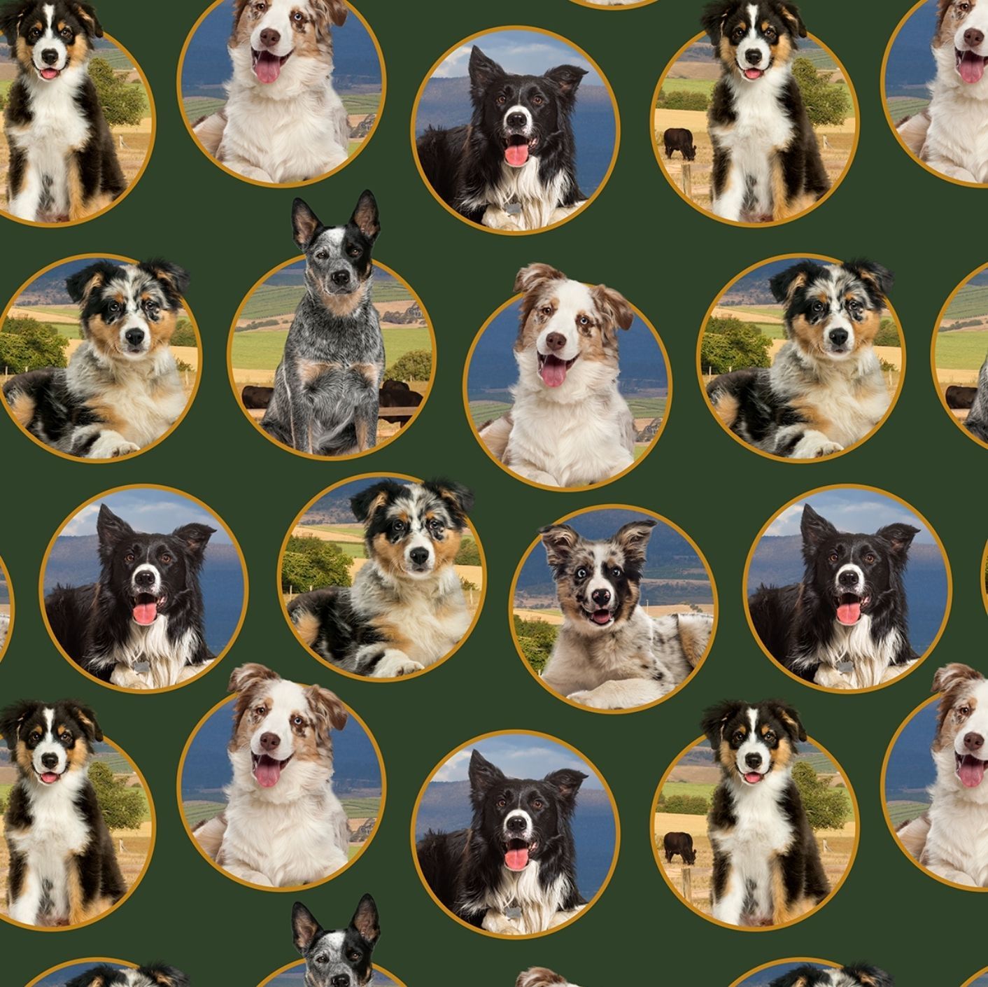 Merino Muster II 3094K Medallion Dogs on Green