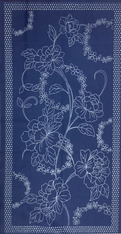 Sashiko Panel HM-53 Peonies and Circlets Panel Navy