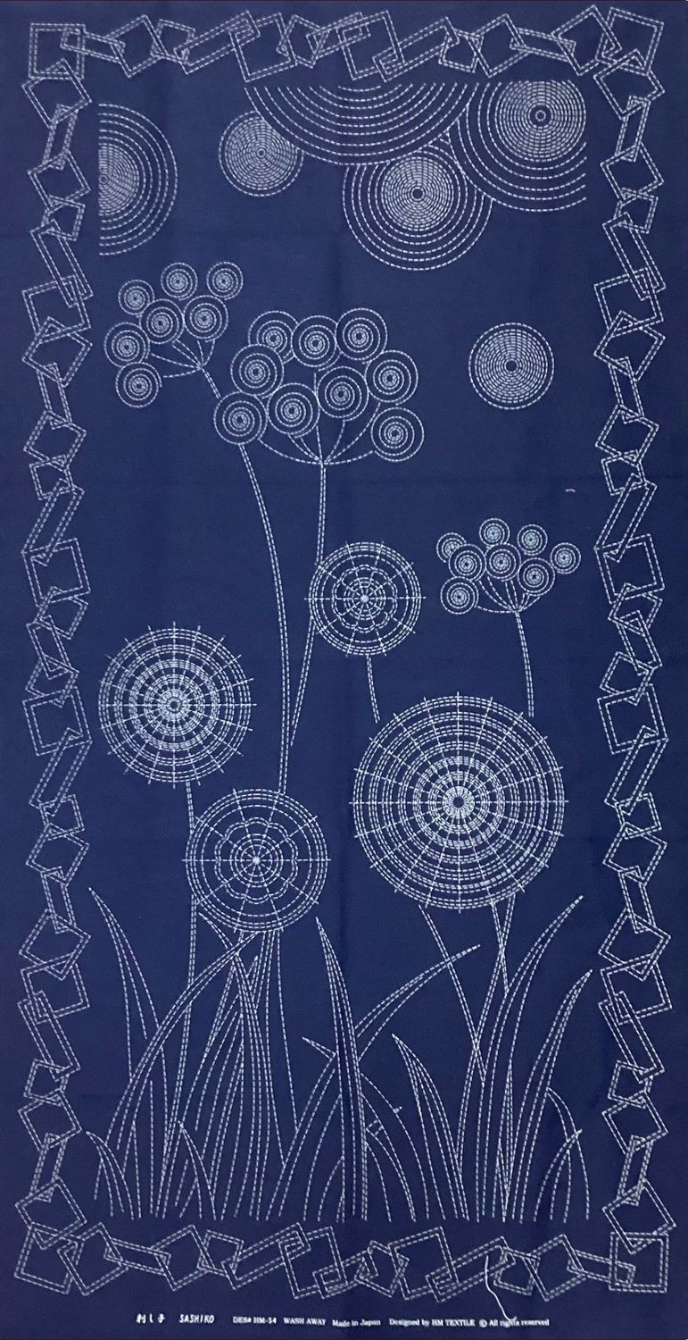 Sashiko Panel HM-54 Dandelions with Geometric Border Panel Navy