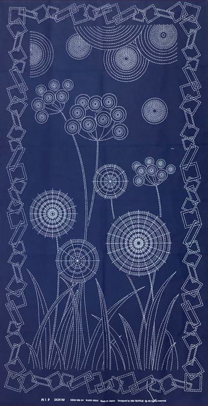 Sashiko Panel HM-54 Dandelions with Geometric Border Panel Navy