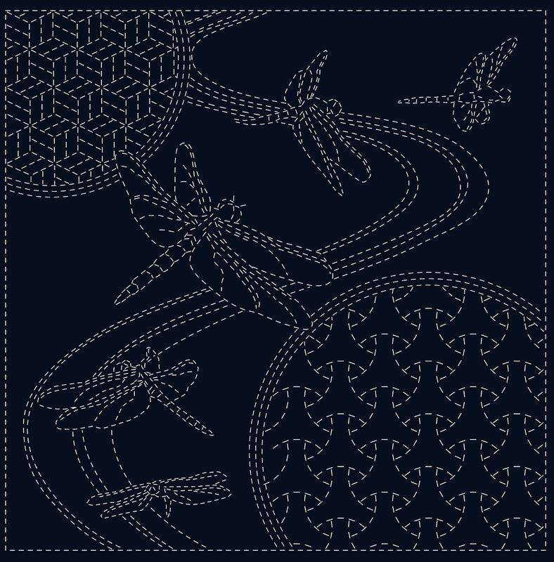 Sashiko Panel SC0017-02 Dragonfly Navy 30cm x 30cm