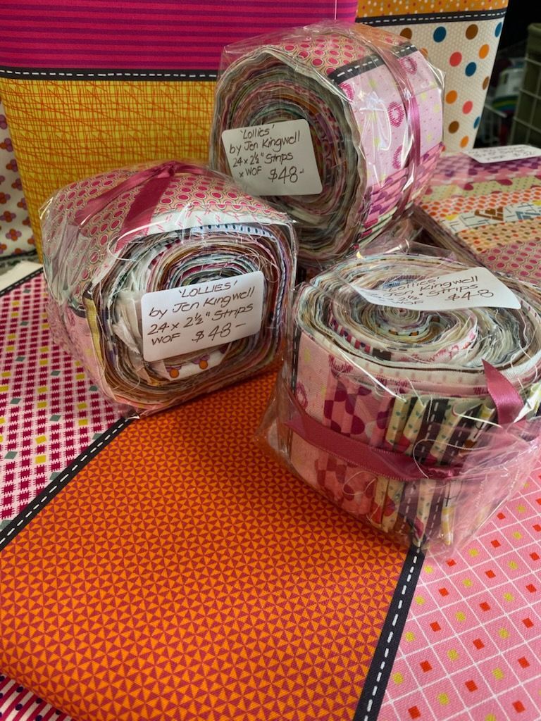 Jen Kingwell Bag of Lollies 8 pieces 2.5" x WOF. 3 strips of each per roll.