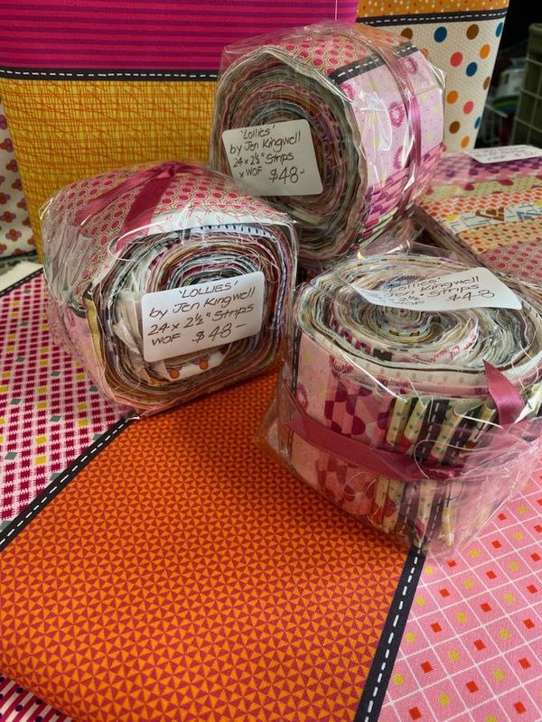 Jen Kingwell Bag of Lollies 8 pieces 2.5" x WOF. 3 strips of each per roll.