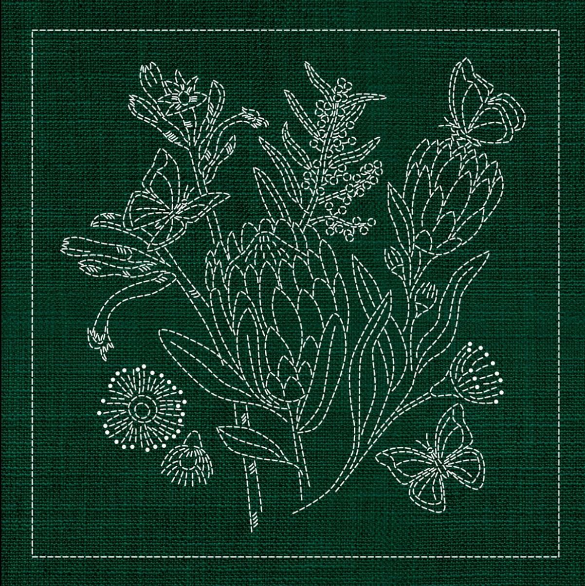Australian Native Flower 1 Sashiko Block 33cm Forest Green Australian Native Flower 1 Sashiko Block 33cm Forest Green