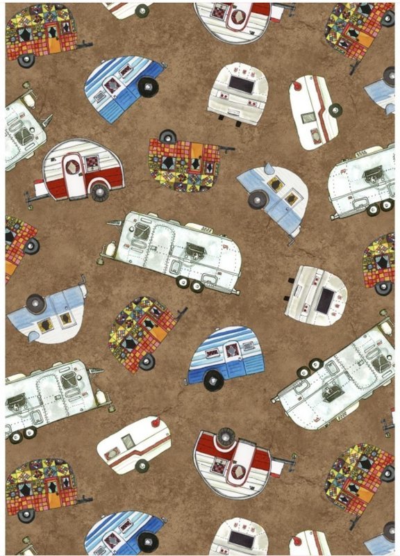 Quilters Road Trip Scattered Trailers Brown