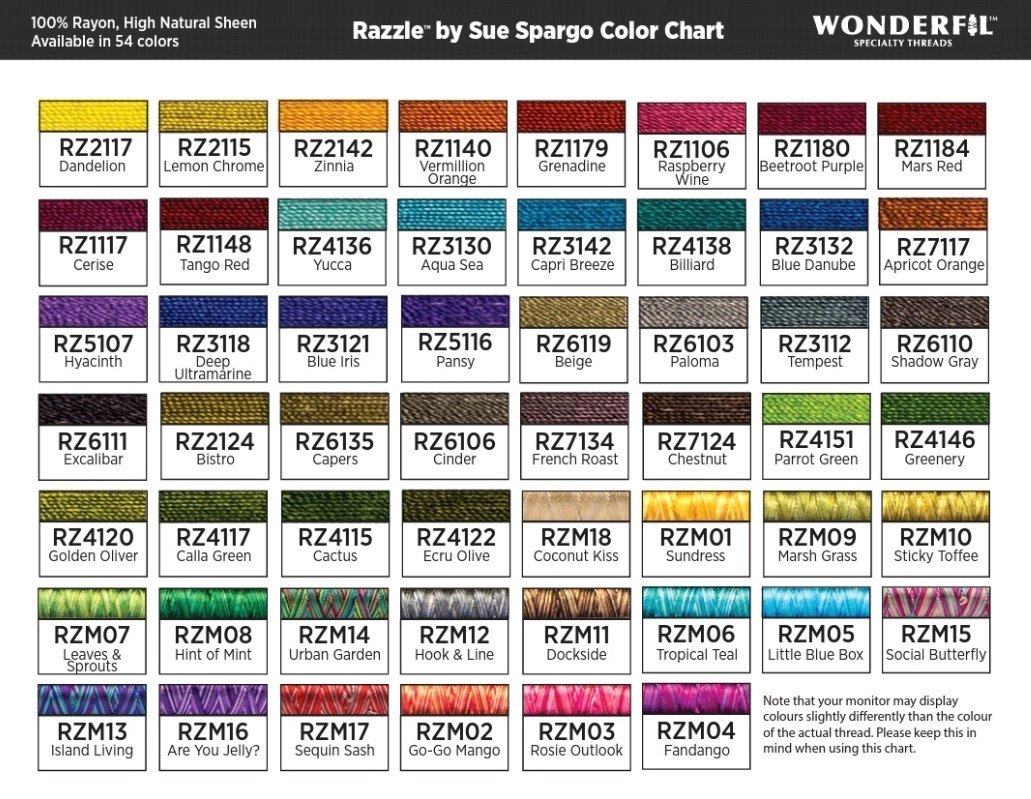 Wonderfil Razzle by Sue Spargo 36 Solid colours 8wt reel