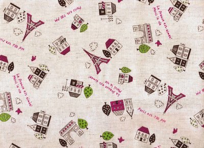 Kokka Paris Icons in Purple and Green on Natural background Linen/cotton