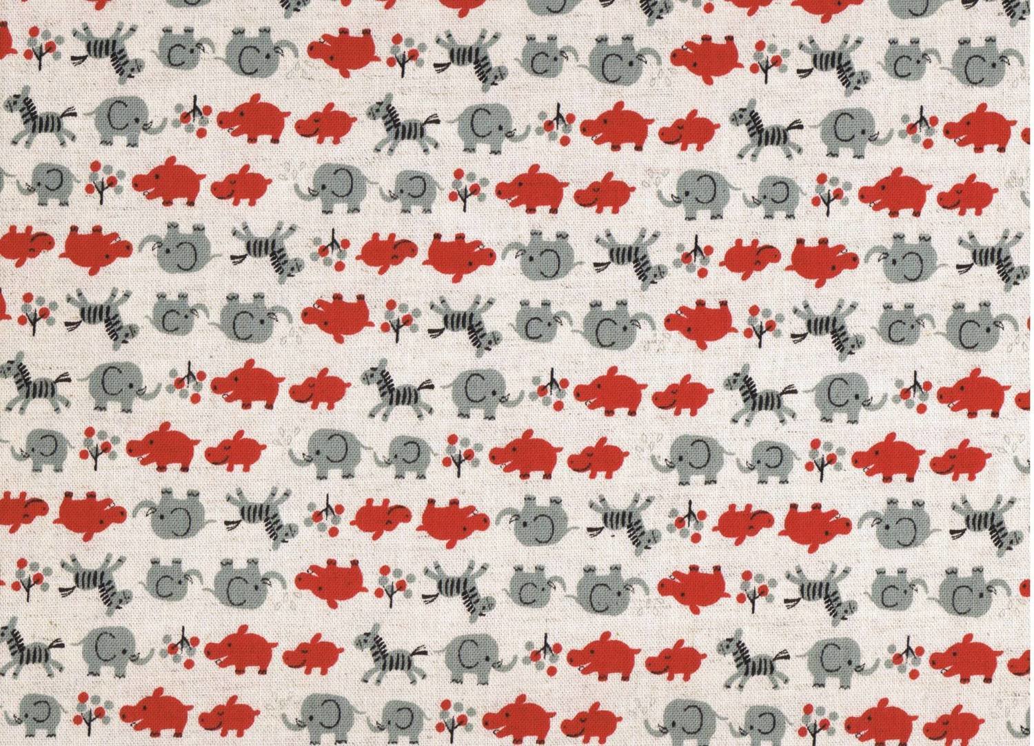 Kokka Elephant, Hippo and Zebra on a Natural background Linen/cotton