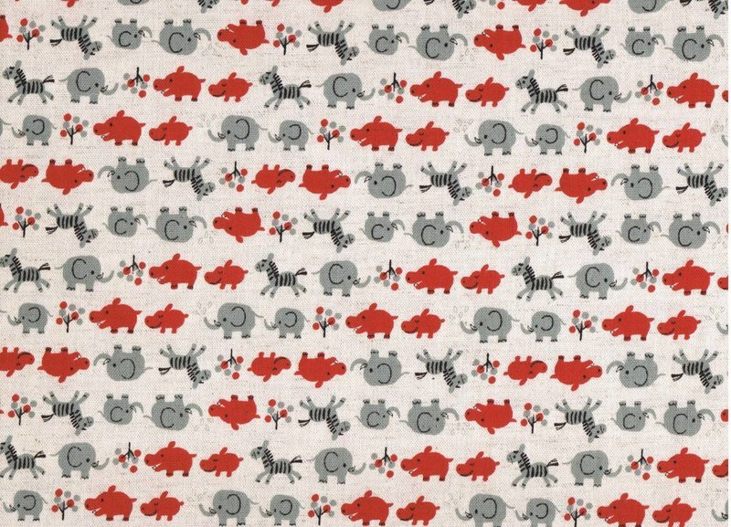 Kokka Elephant, Hippo and Zebra on a Natural background Linen/cotton