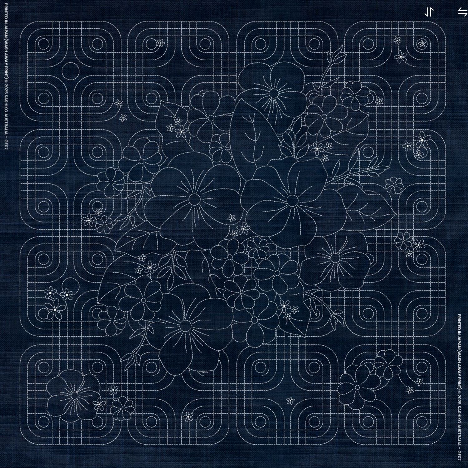 Blossom Bouquet Geometric Sashiko Panel GF07 100cm x 100cm Indigo Blossom Bouquet Geometric Sashiko Panel GF07 100cm x 100cm Indigo