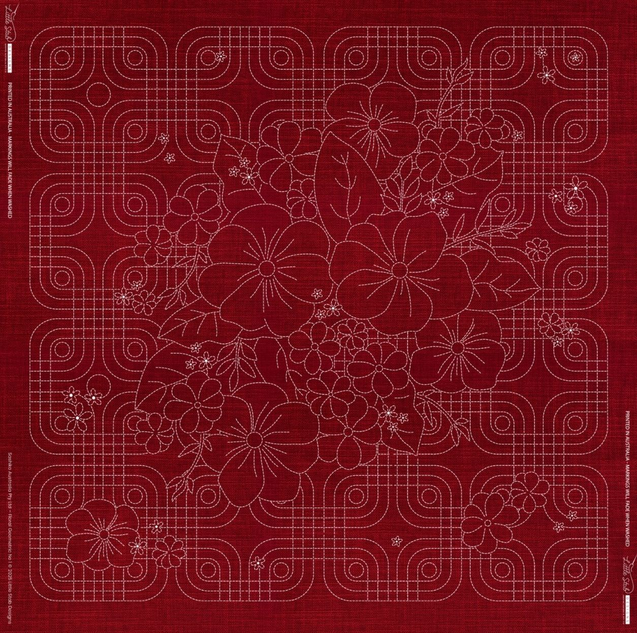 Blossom Bouquet Geometric Sashiko Panel GF07 100cm x 100cm Cherry Red Blossom Bouquet Geometric Sashiko Panel GF07 100cm x 100cm Cherry Red