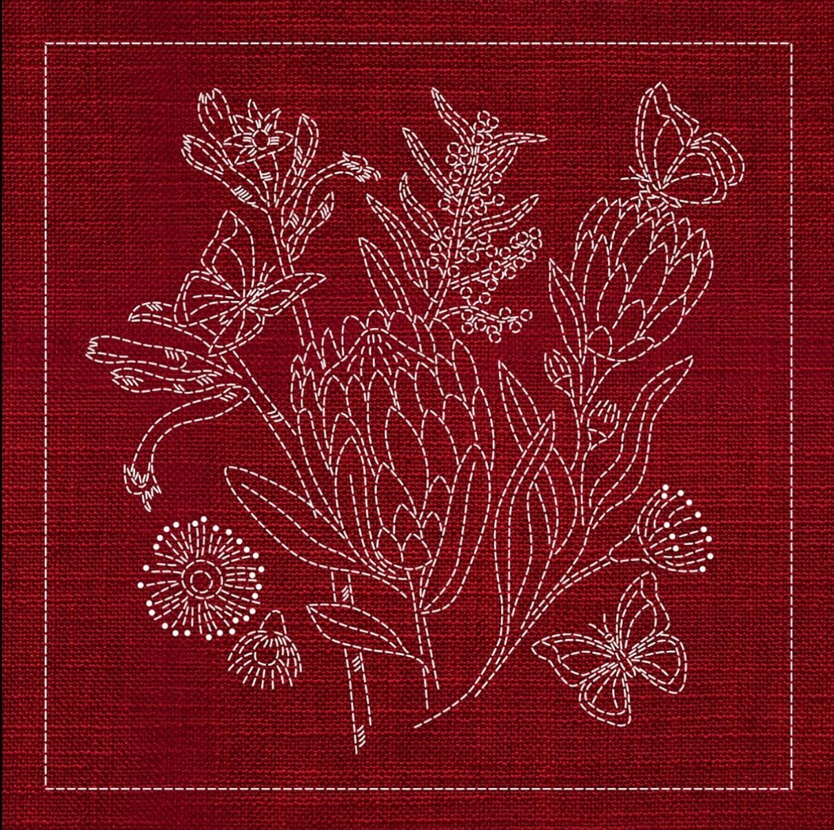 Australian Native Flower Block 1 of 6 Sashiko 33cm x 33cm AN-01 Red