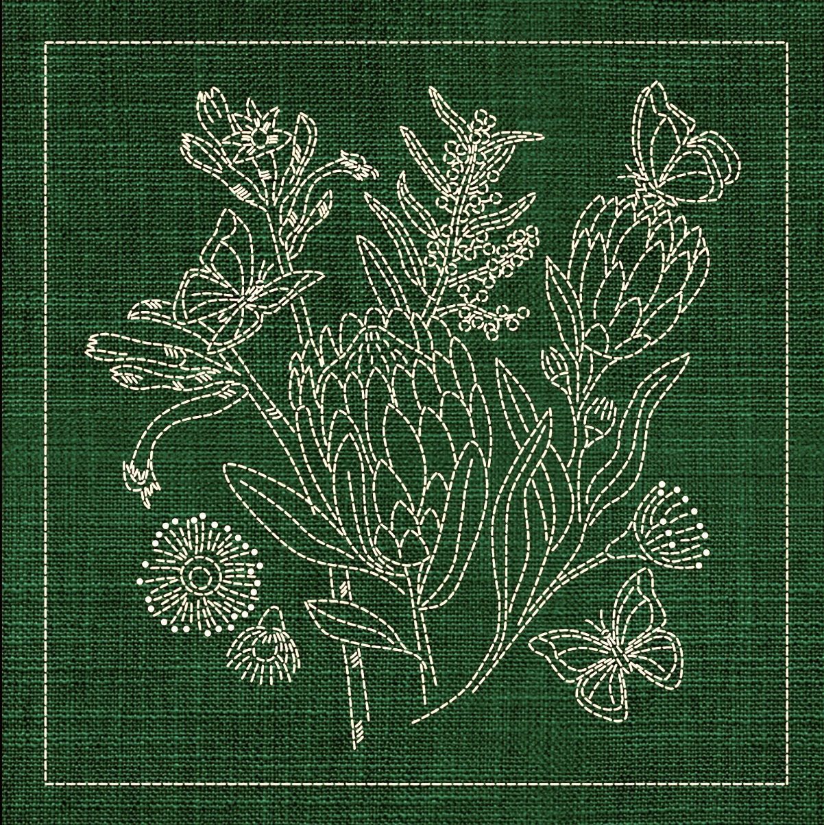 Australian Native Flower Block 1 of 6 Sashiko 33cm x 33cm AN01 Forest Green Australian Native Flower Block 1 of 6 Sashiko 33cm x 33cm AN01 Forest Green