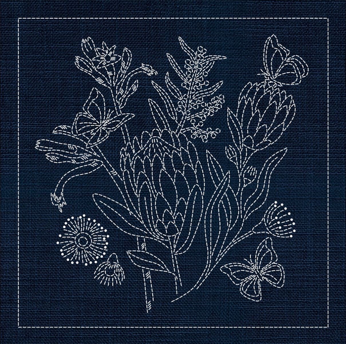 Australian Native Flower Block 1 of 6 Sashiko 33cm x 33cm AN01 Indigo Australian Native Flower Block 1 of 6 Sashiko 33cm x 33cm AN01 Indigo