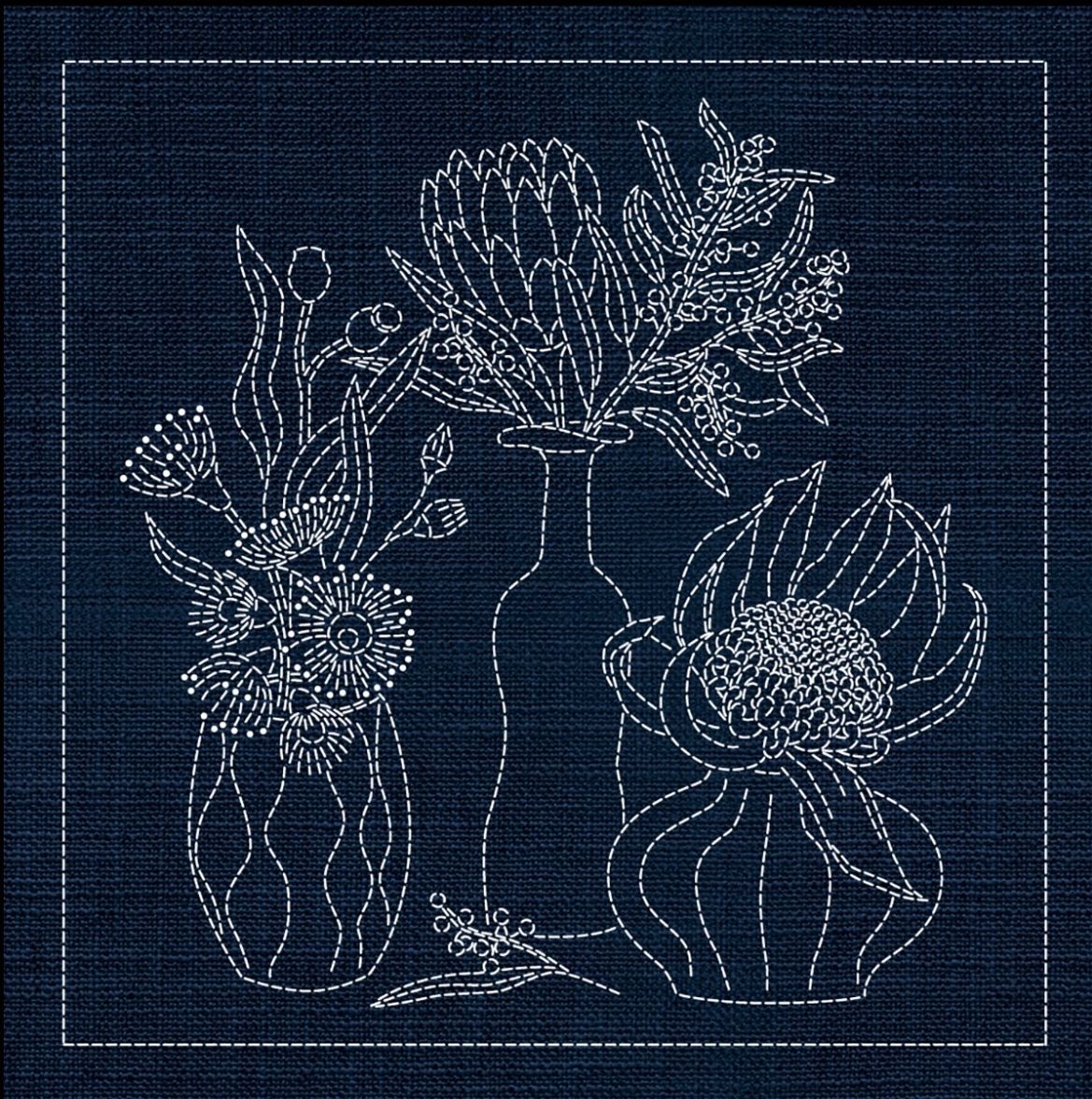 Australian Native Flower Block 4 of 6 Sashiko 33cm x 33cm AN04 Indigo Australian Native Flower Block 4 of 6 Sashiko 33cm x 33cm AN04 Indigo