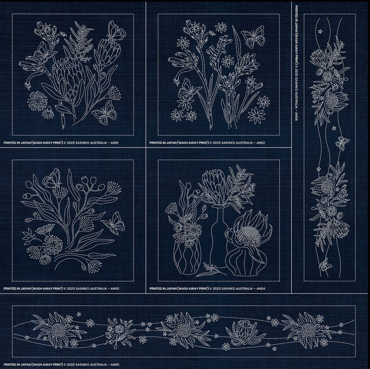 Australian Native Floral Collection Sashiko 6 Block Panel AN00 Indigo Australian Native Floral Collection Sashiko 6 Block Panel AN00 Indigo