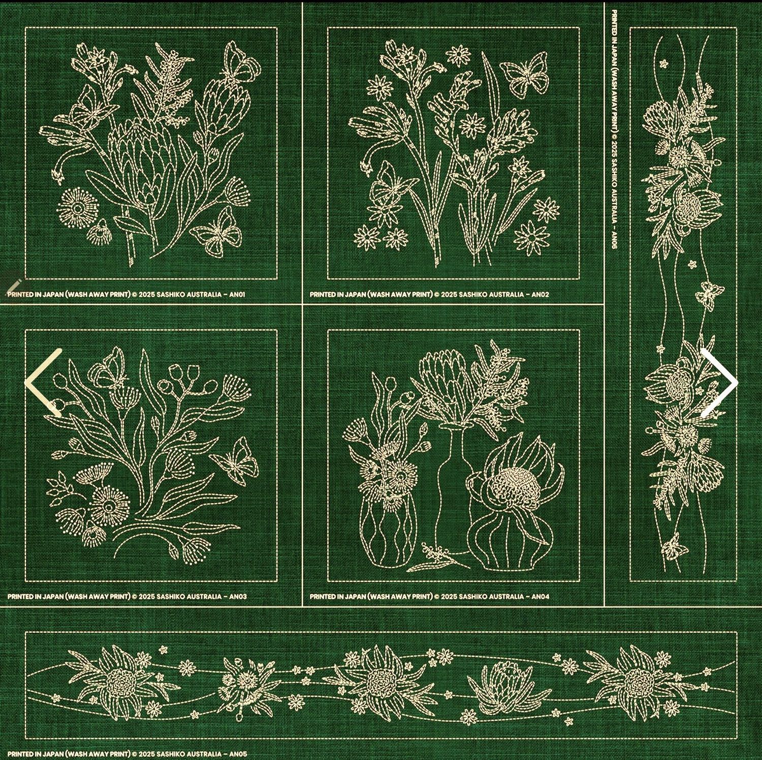 Australian Native Floral Collection Sashiko 6 Block Panel AN00 GREEN Australian Native Floral Collection Sashiko 6 Block Panel AN00 GREEN