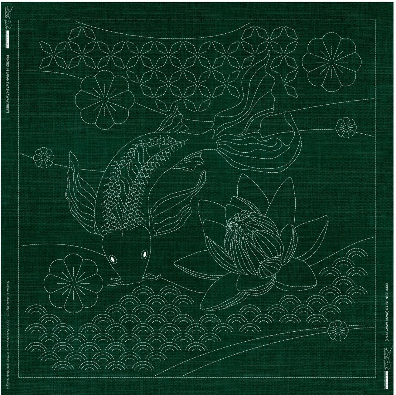 Butterfly Koi and Angled Seven Treasures Sashiko Panel JP07 100cm x 100cm Forest Green Butterfly Koi and Angled Seven Treasures Sashiko Panel JP07 100cm x 100cm Forest Green