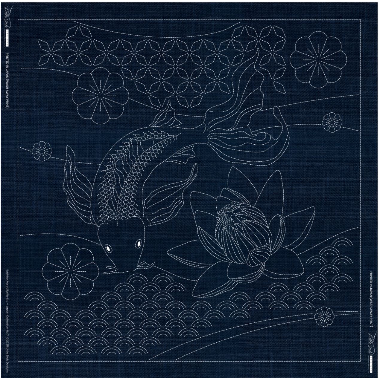 Butterfly Koi and Angled Seven Treasures Sashiko Panel JP07 100cm x 100cm Indigo Butterfly Koi and Angled Seven Treasures Sashiko Panel JP07 100cm x 100cm Indigo
