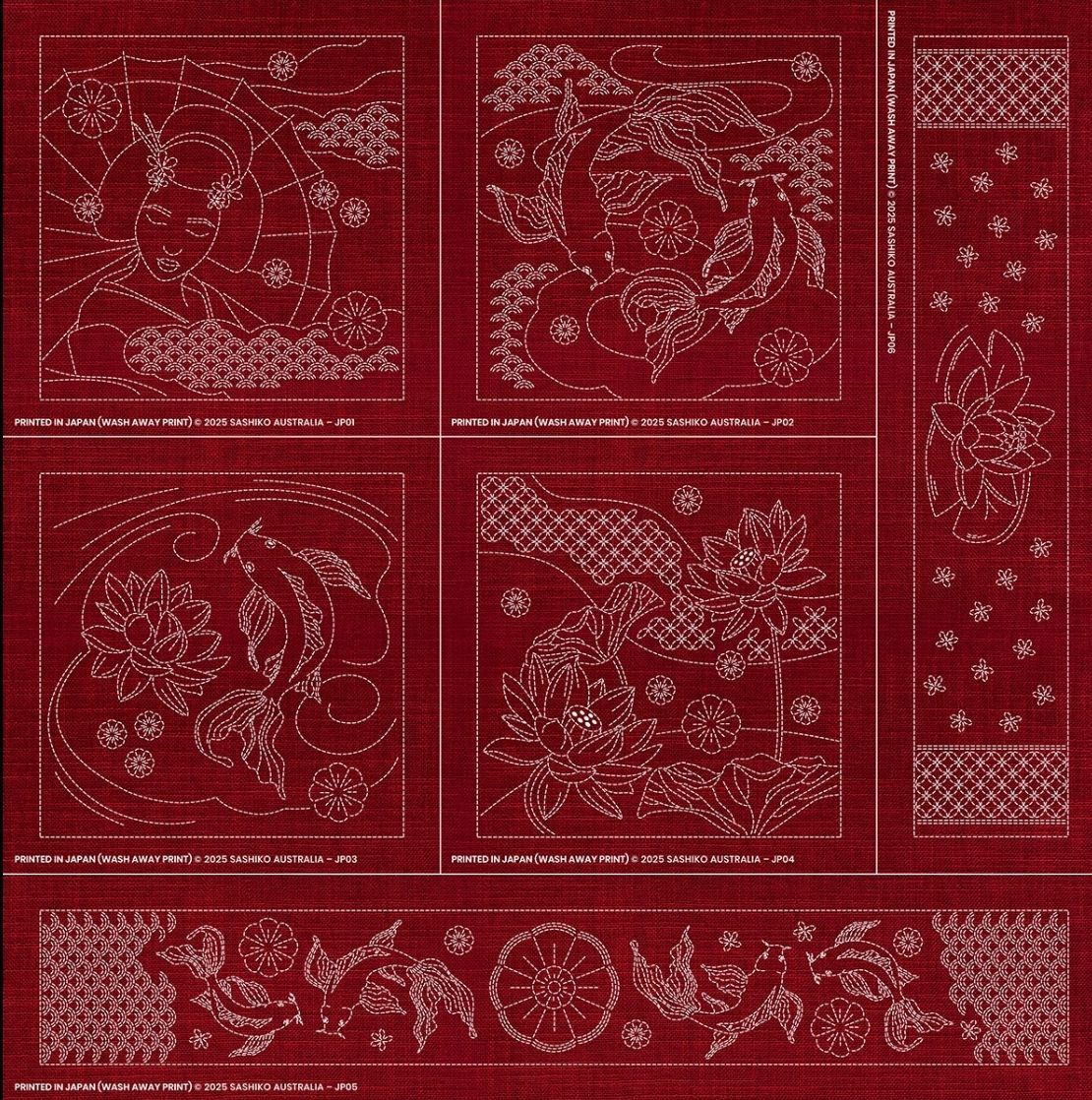 Japanese Inspired Collection Sashiko 6 Block Panel Cherry Red Japanese Inspired Collection Sashiko 6 Block Panel Cherry Red