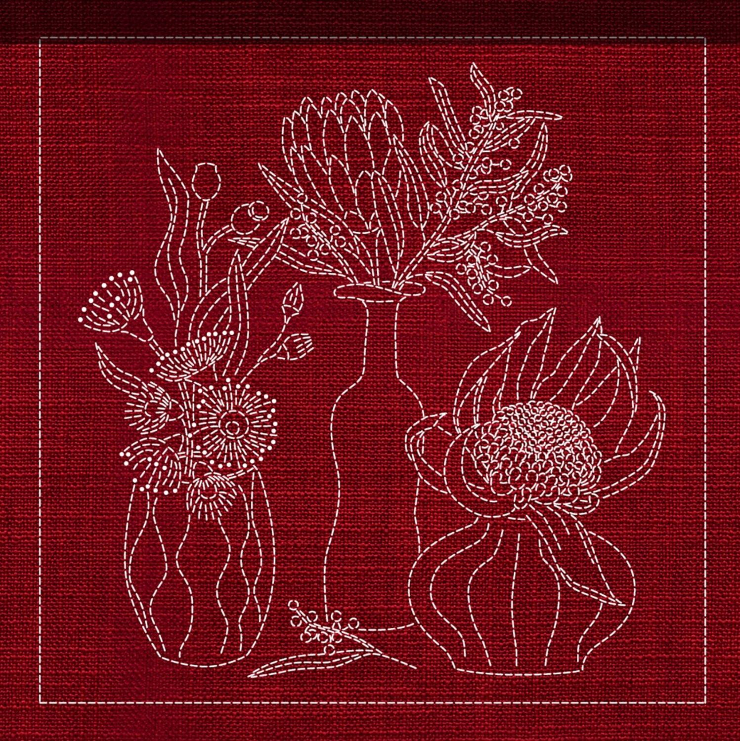 Australian Native Flower Block 4 of 6 Sashiko 33cm x 33cm AN-04 Red