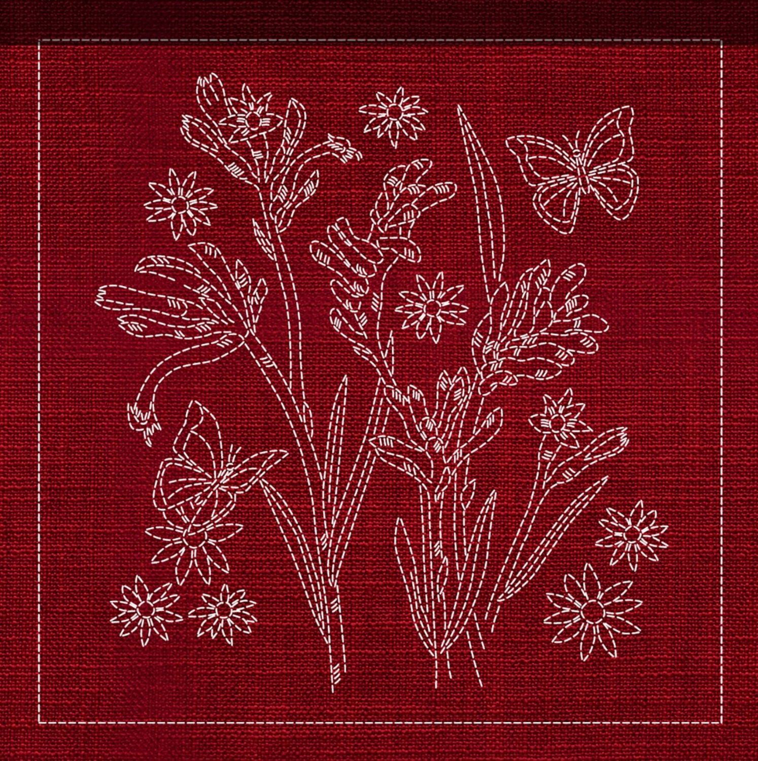 Australian Native Flower Block 2 of 6 Sashiko 33cm x 33cm AN-02 Red