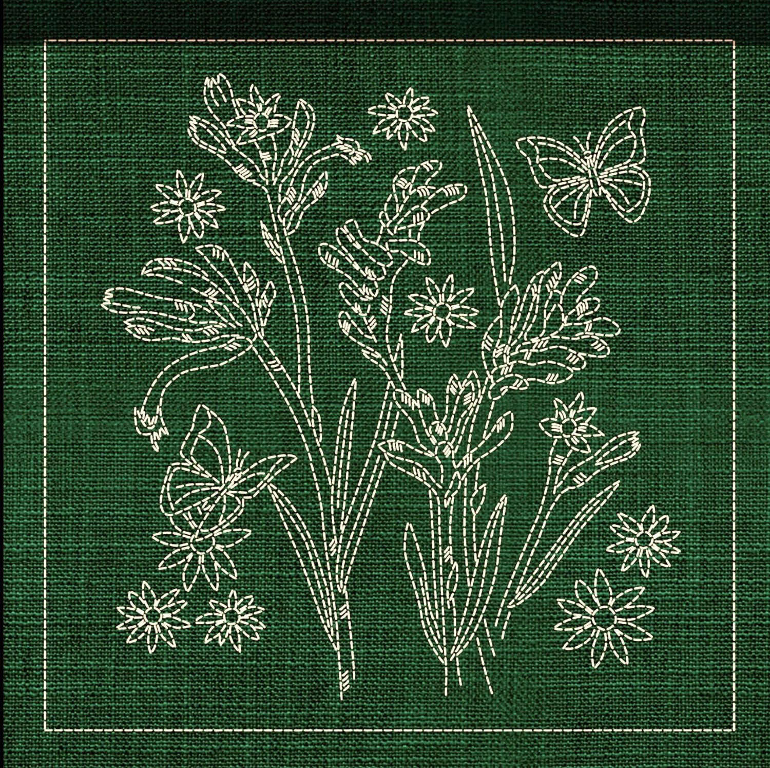 Australian Native Flower Block 2 of 6 Sashiko 33cm x 33cm AN-02 Green