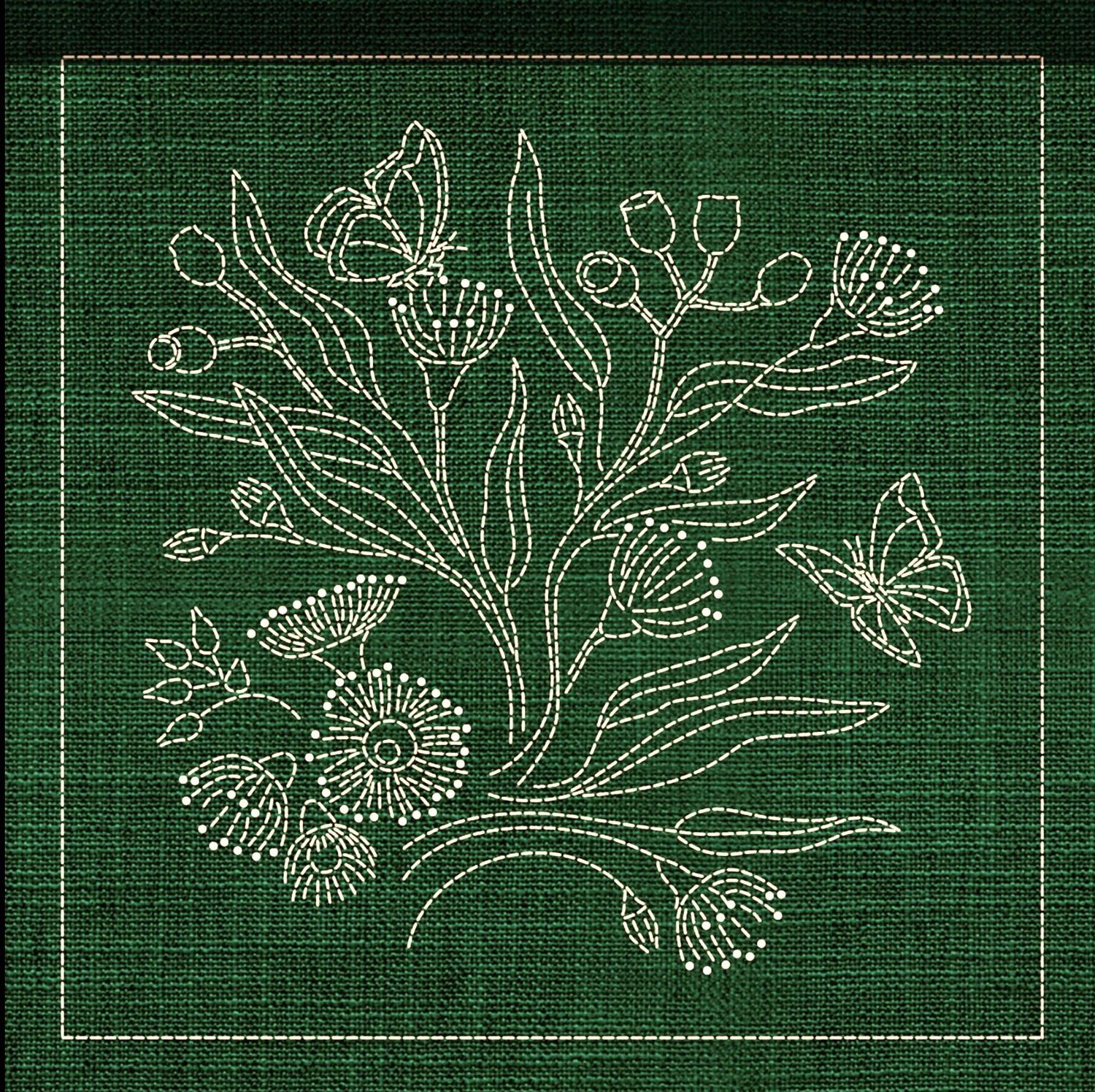 Australian Native Flower Block 3 of 6 Sashiko 33cm x 33cm AN-03 Green