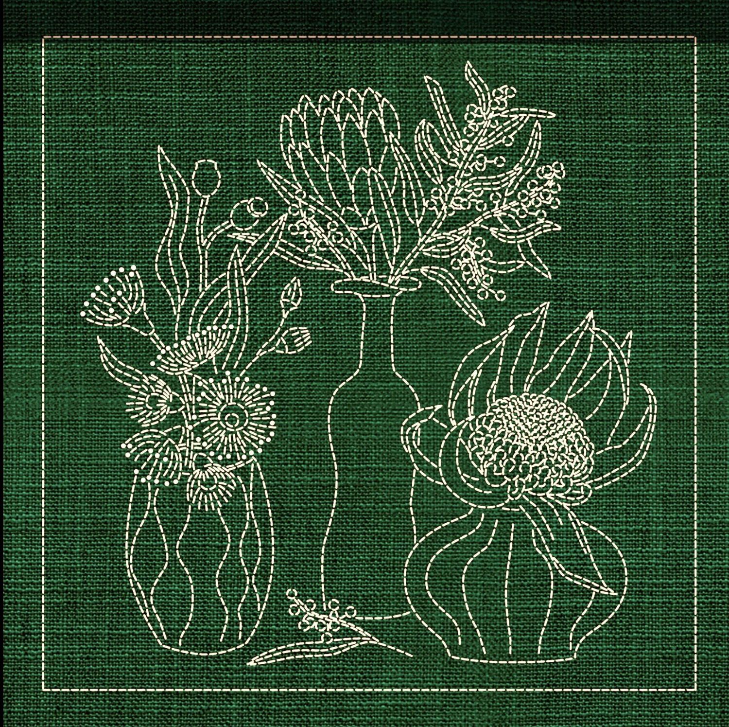 Australian Native Flower Block 4 of 6 Sashiko 33cm x 33cm AN-04 Green