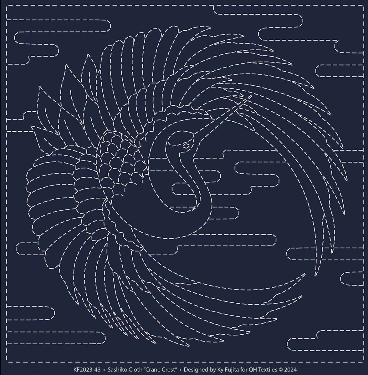 Sashiko Panel KF2024-43 Crane Crest Navy 30cm x 30cm