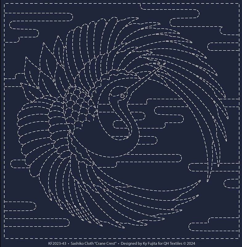 Sashiko Panel KF2024-43 Crane Crest Navy 30cm x 30cm