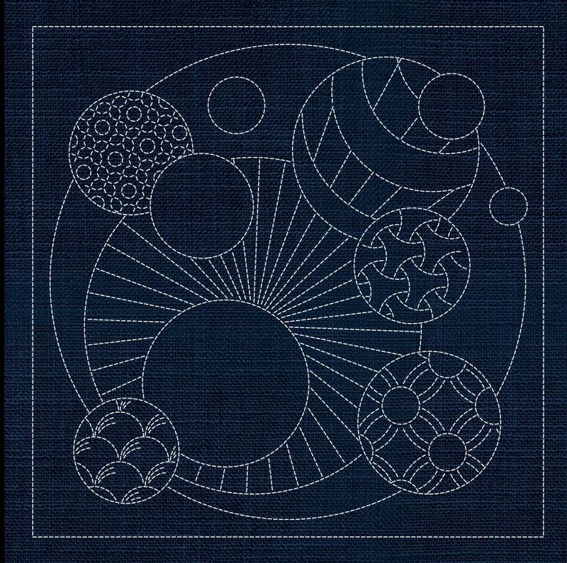 GEOMETRIC CIRCLES 3 Sashiko Panel GC02-INDIGO