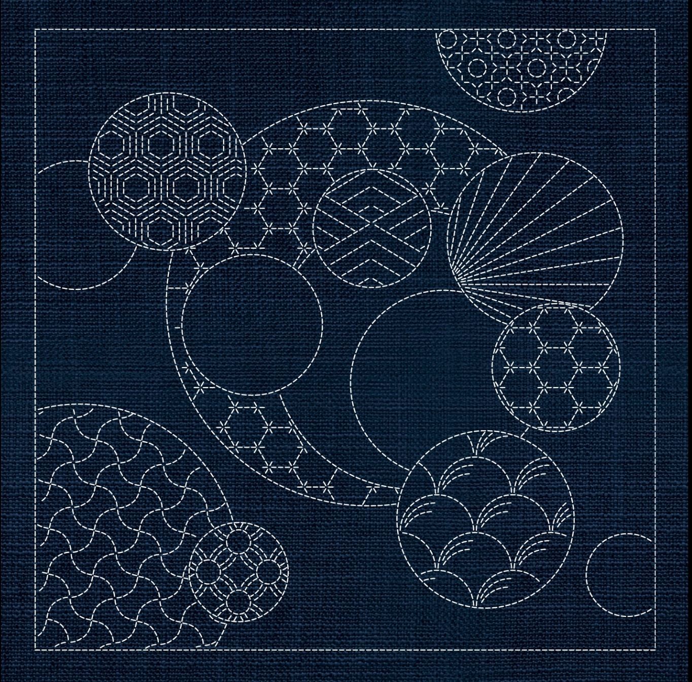 GEOMETRIC CIRCLES 3 Sashiko Panel GC03-INDIGO