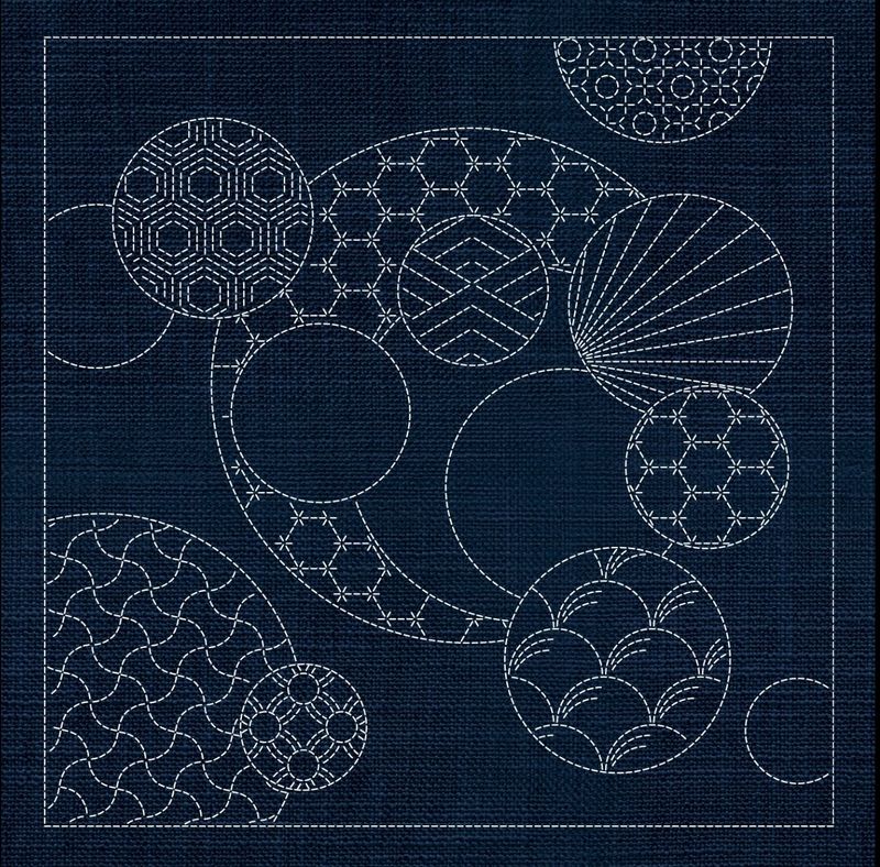 GEOMETRIC CIRCLES 3 Sashiko Panel GC03-INDIGO