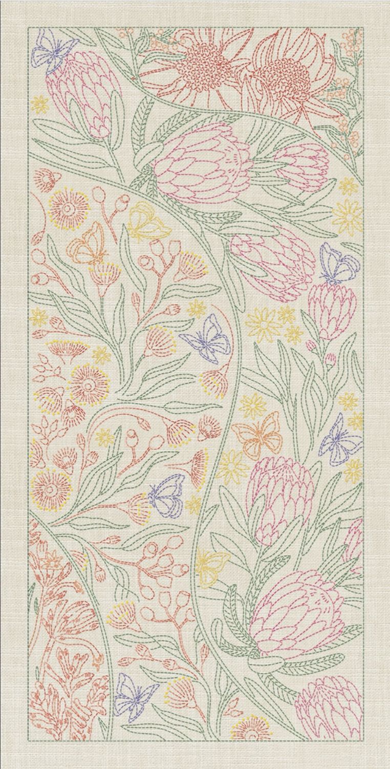 Australian Native Flower Sashiko Panel AN08 Seeded Cream Australian Native Flower Sashiko Panel AN08 Seeded Cream