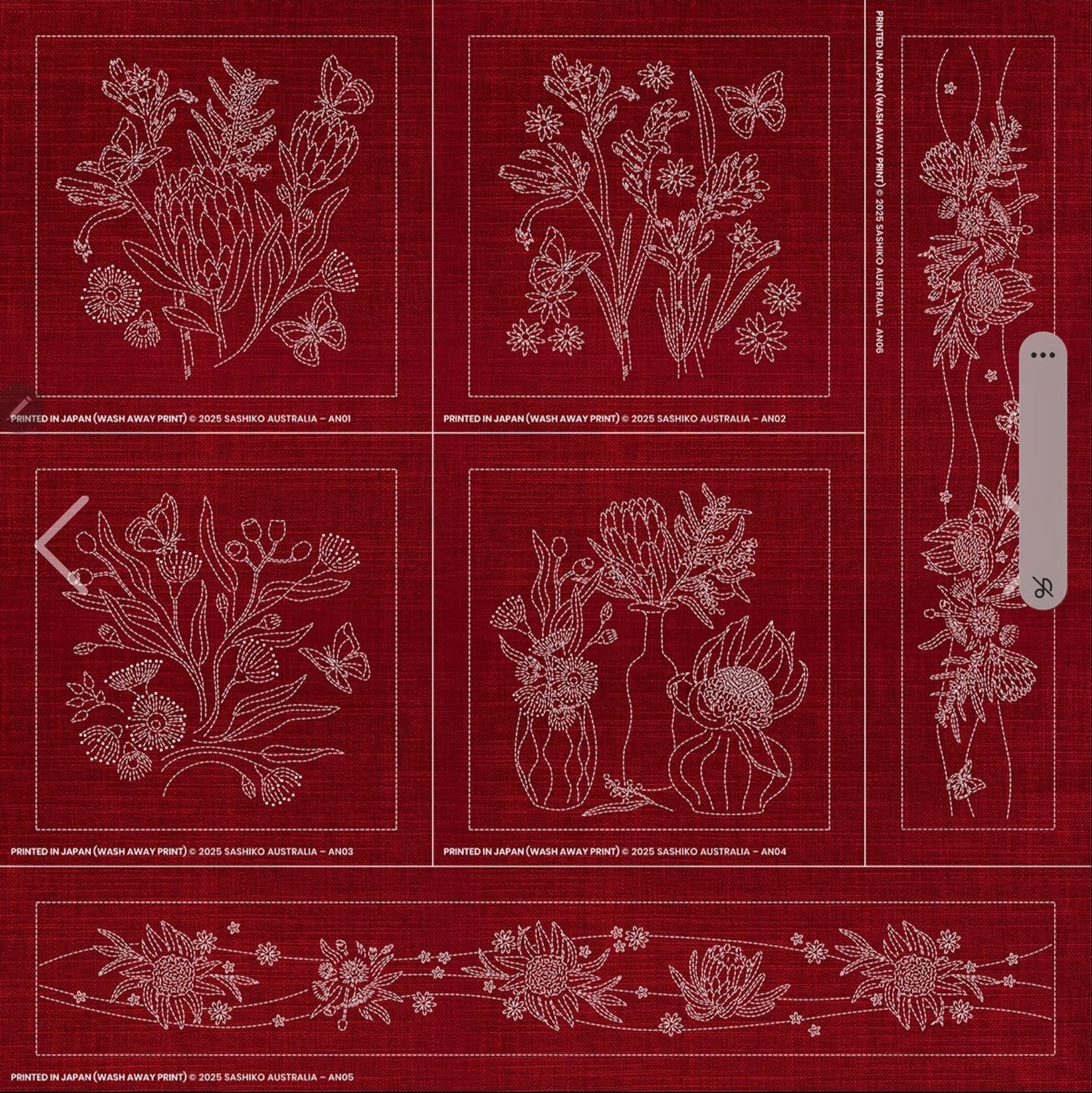 Australian Native Floral Collection Sashiko 6 Block Panel AN00 CHERRY RED Australian Native Floral Collection Sashiko 6 Block Panel AN00 CHERRY RED