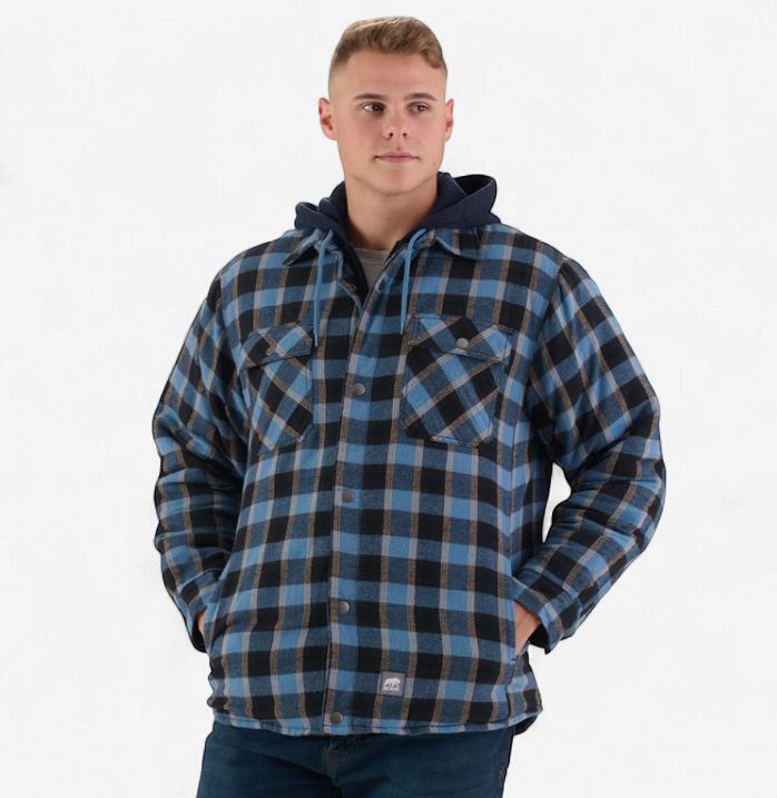 Berne Men's Fleece-Lined Hooded Shirt Jacket, Colour: Blue/Black, Size: S