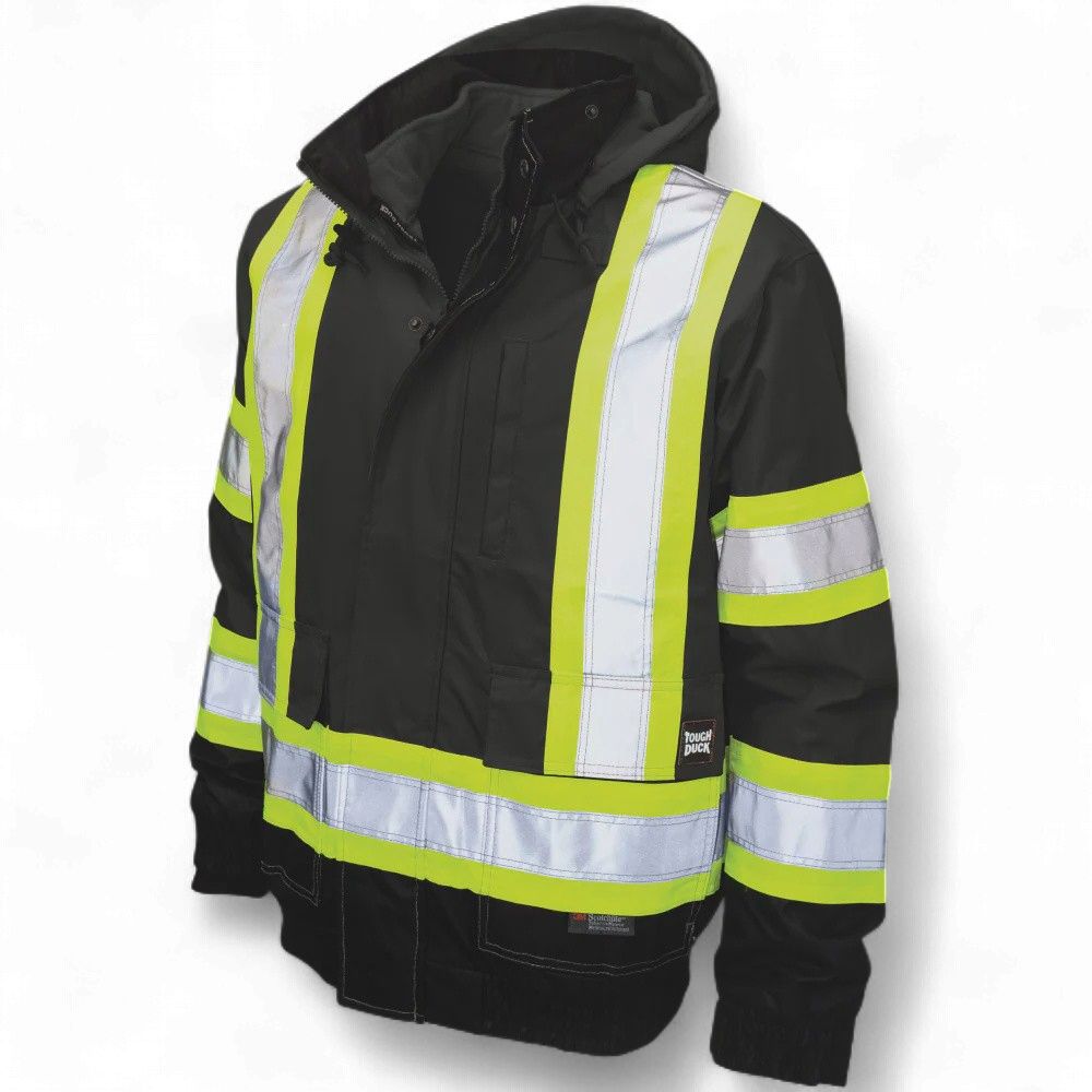 Tough Duck Fleece Lined Safety Bomber Jacket, Colour: Black, Size: Medium
