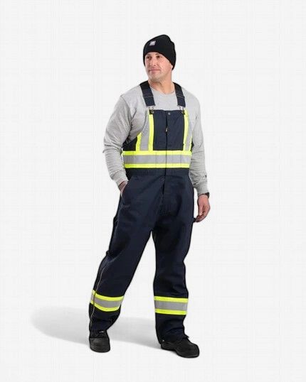Berne Safety Striped Unlined Bib Overall, Colour: Navy, Size: M