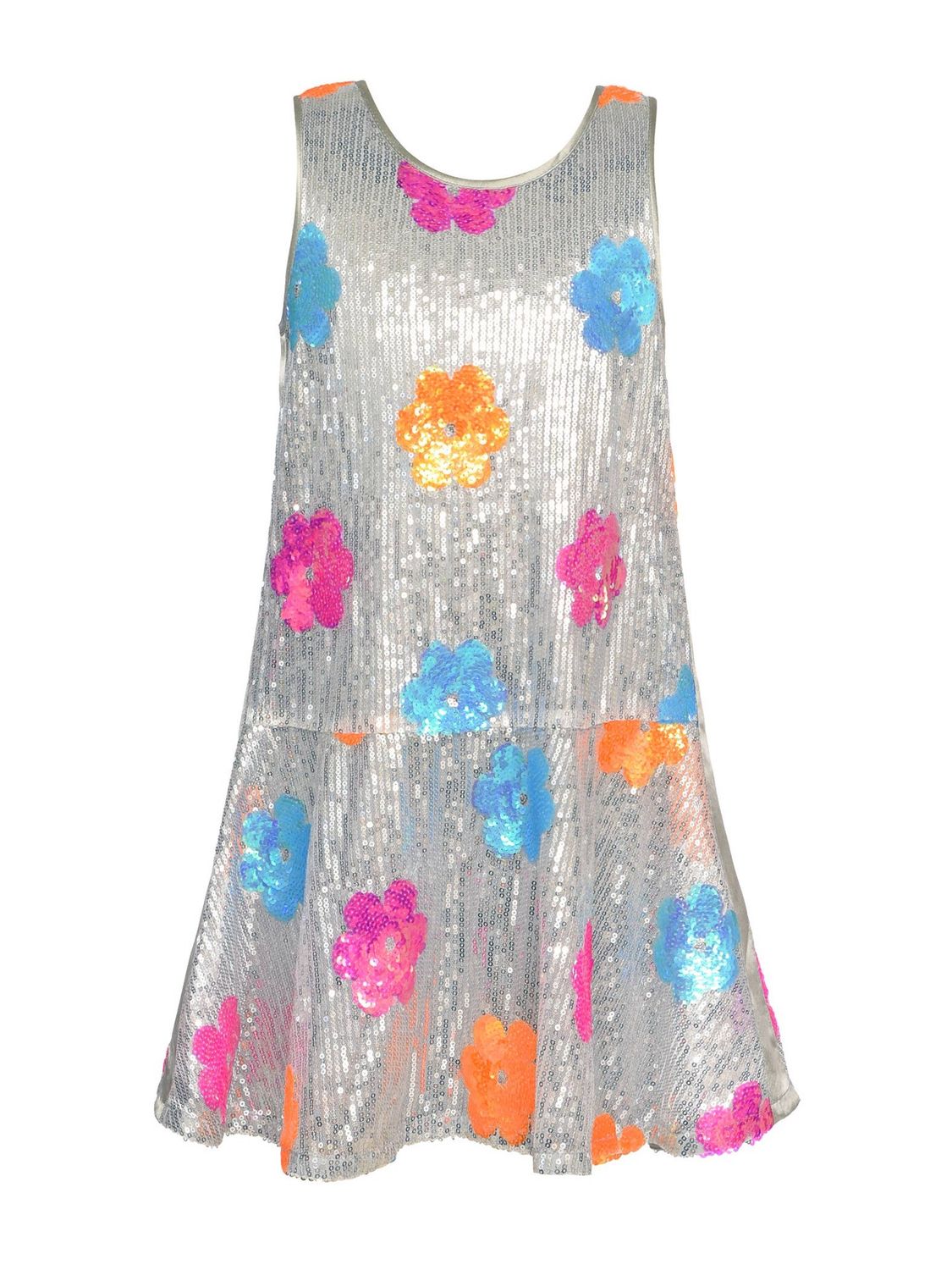 COLORFUL FLOWER SEQUIN DRESS WITH BACK ZIP CLOSURE: SILVER MULTI, Size: 7