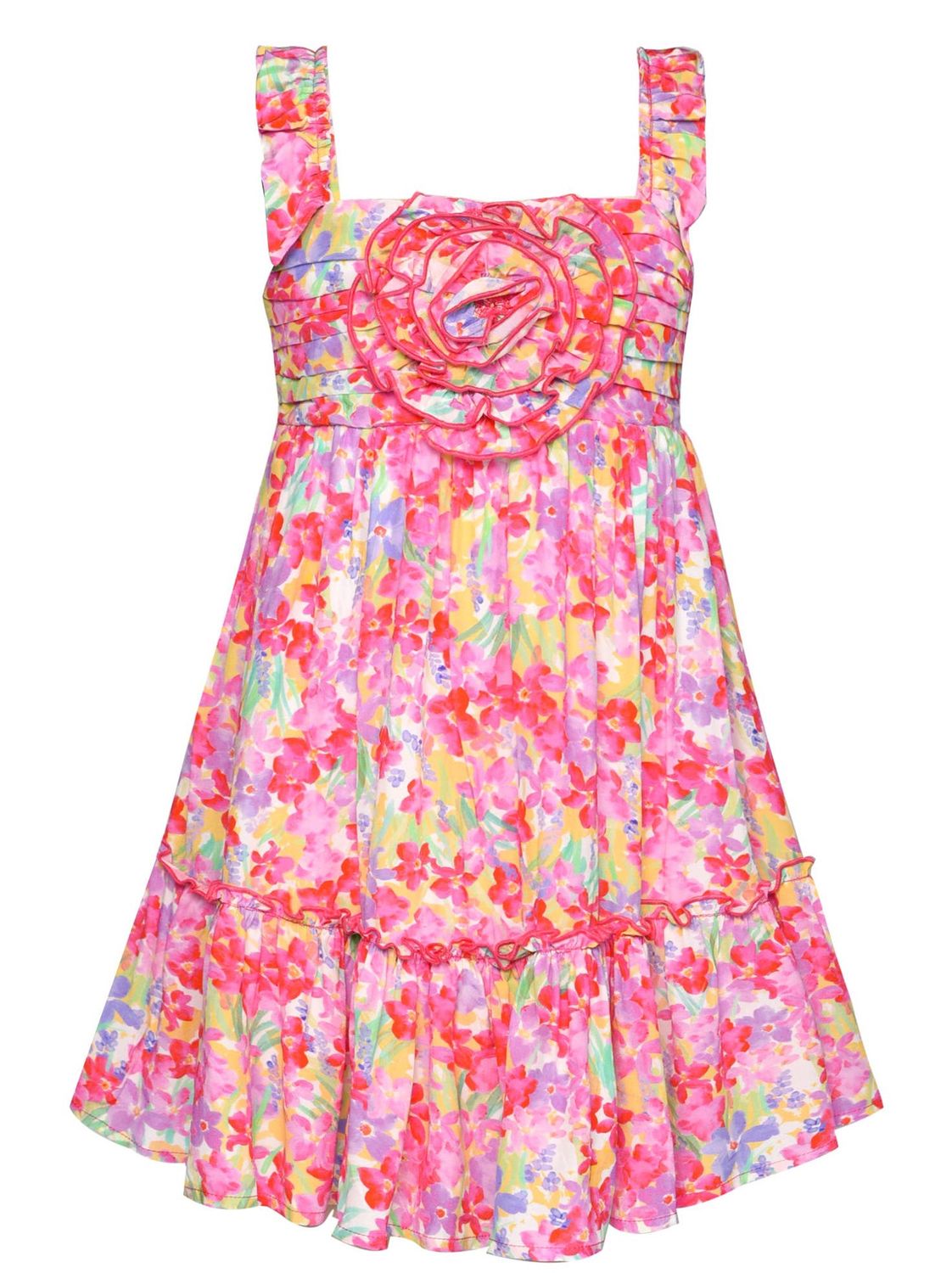FLORAL PRINT DRESS W/ ROSETTE: PINK MULTI