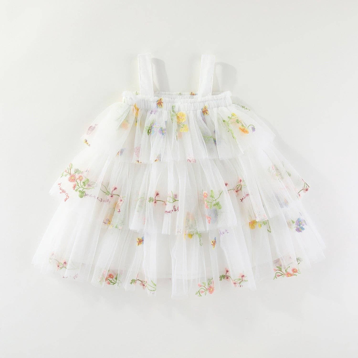 White Florals Embroidered Layered Dress, Size: 9-12M