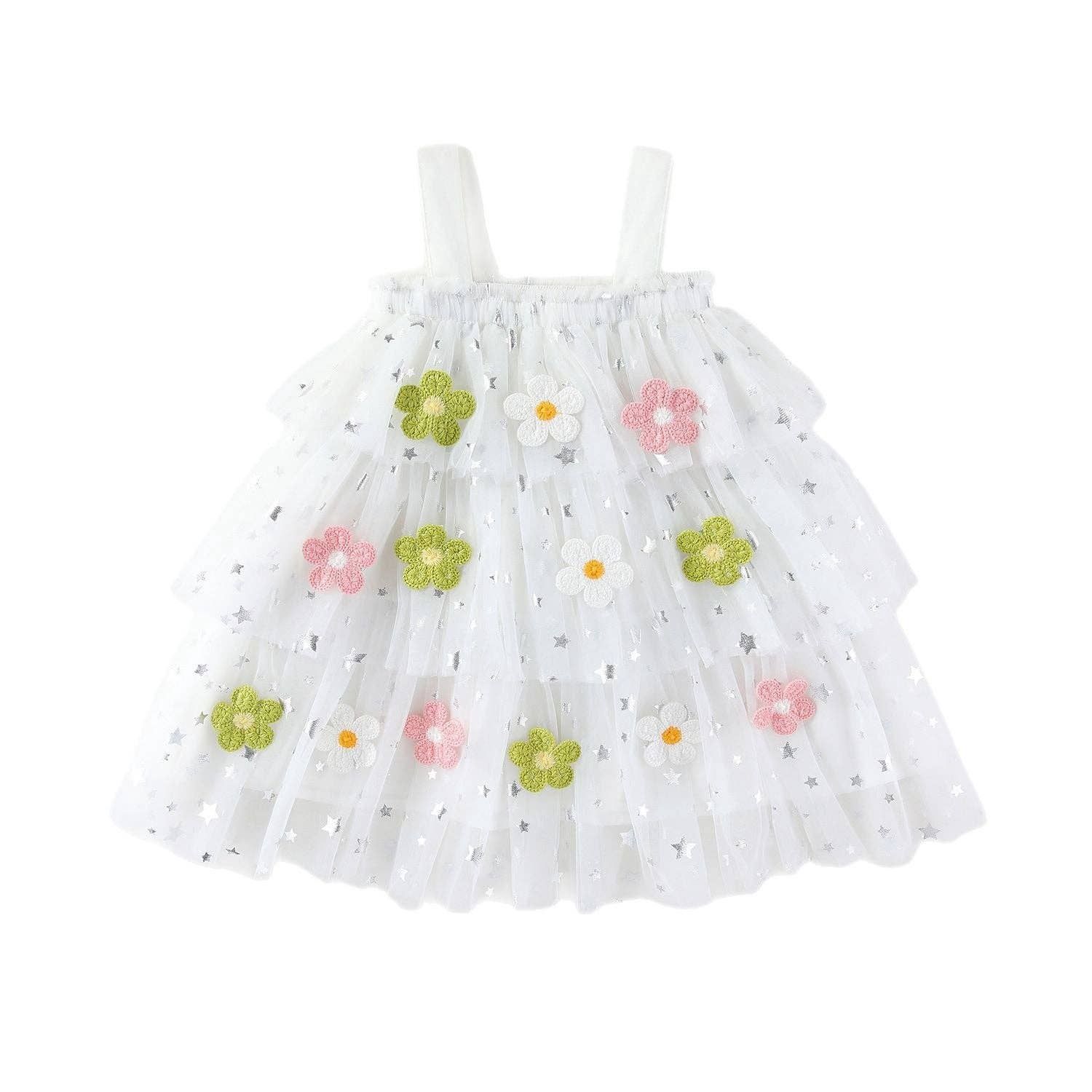 White Big Embroidered Flowers Tiered Dress