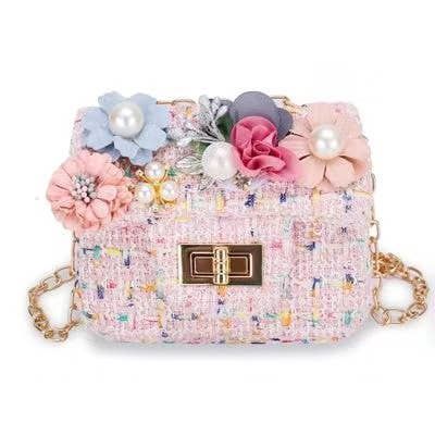 Pink Mini Tweed Pearly Florals Crossbody