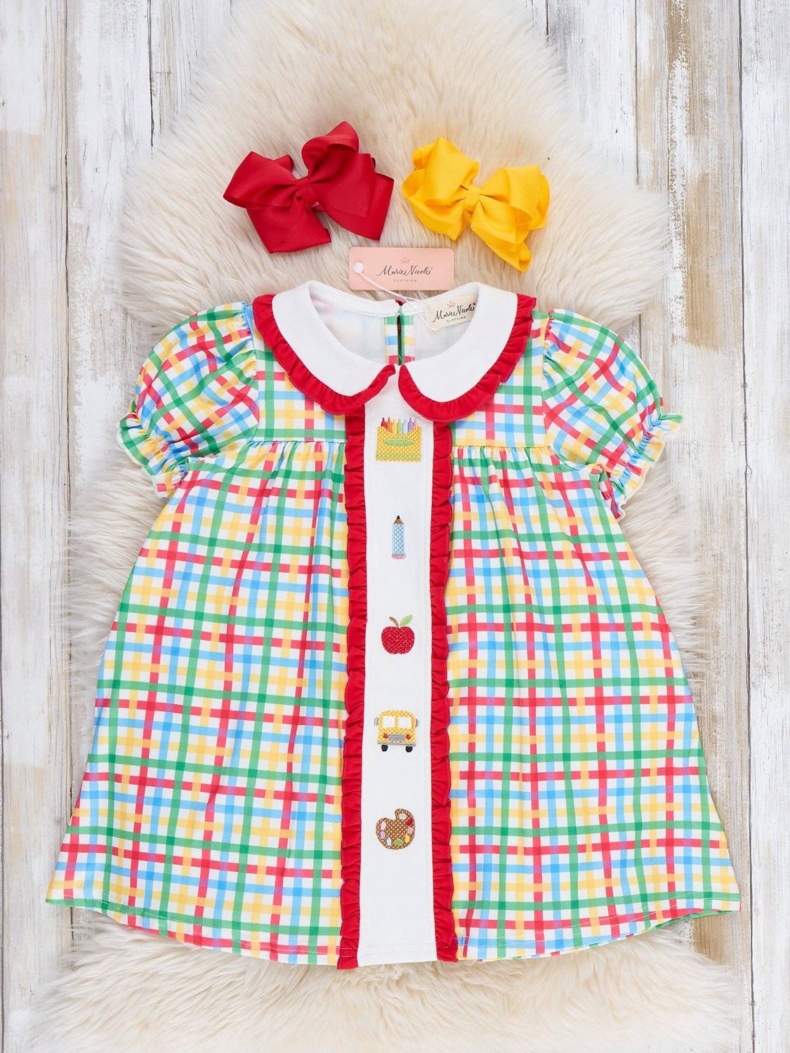 Marie Nicole Clothing - Apple of My Eye School Embroidered Dress, Size: 5Y