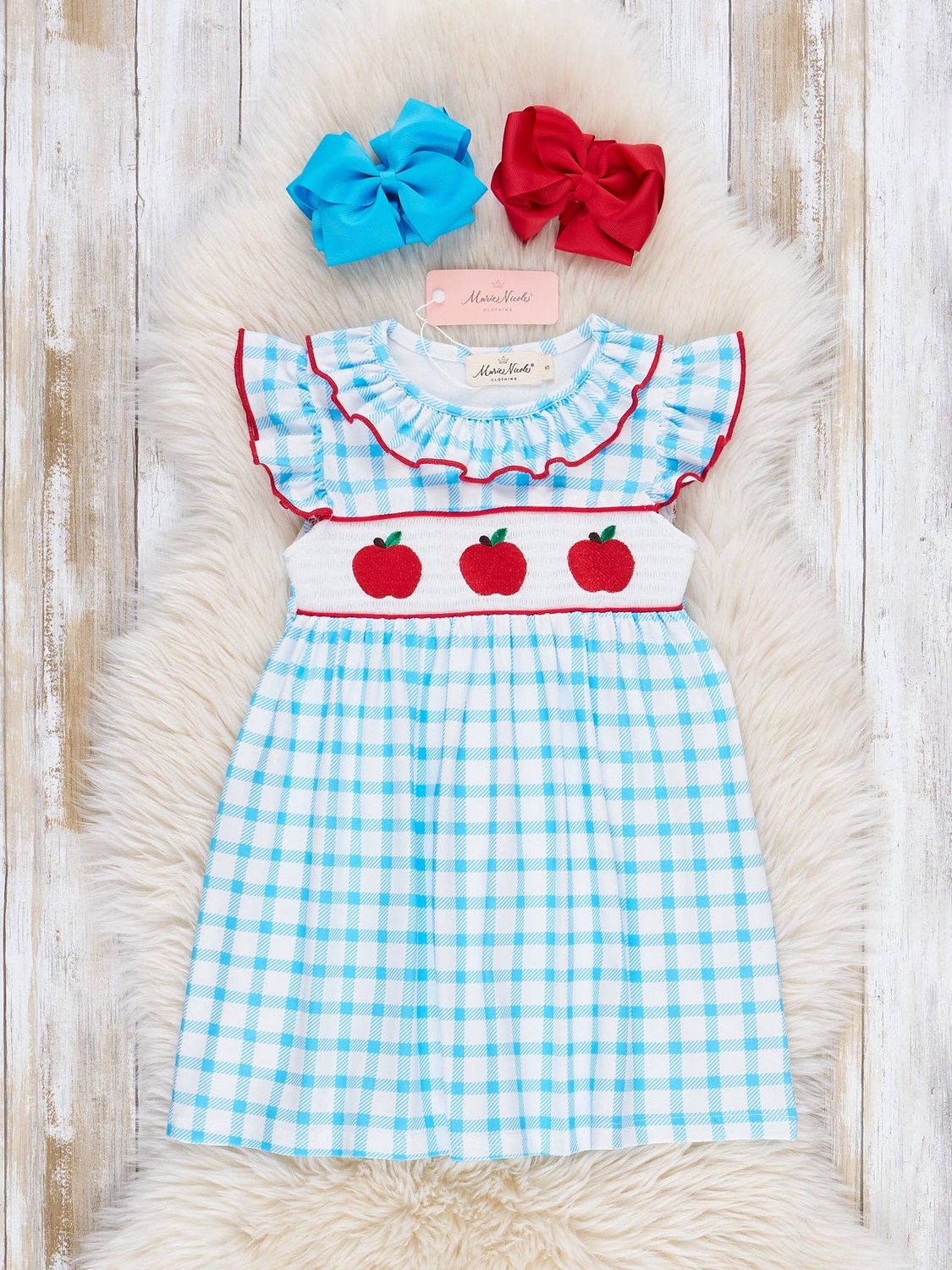 Marie Nicole Clothing - Blue Plaid Smocked Apple Ruffle Dress, Size: 7Y